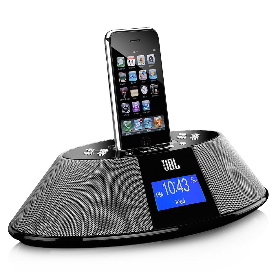 JBL On Time 200P - Black - AM/FM clock radio and loudspeaker dock for your iPod and iPhone - Hero